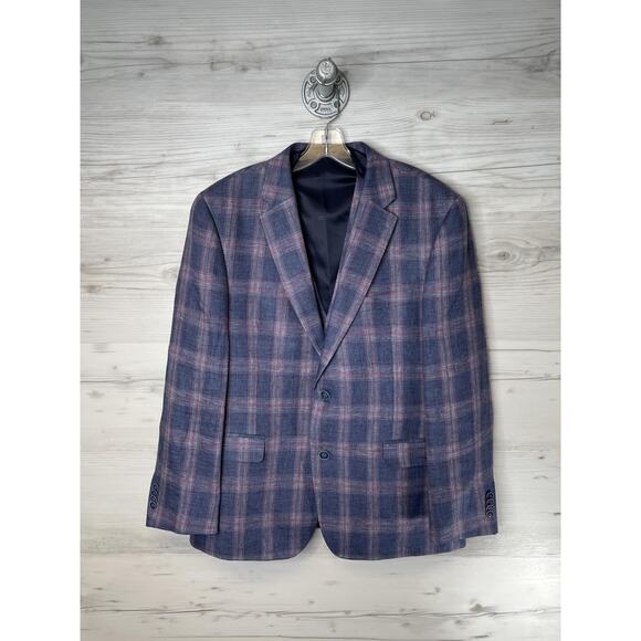 Tommy Hilfiger Blazer Mens 42S Blue Red Plaid Linen 2 Button Notch Lapel - Picture 1 of 11